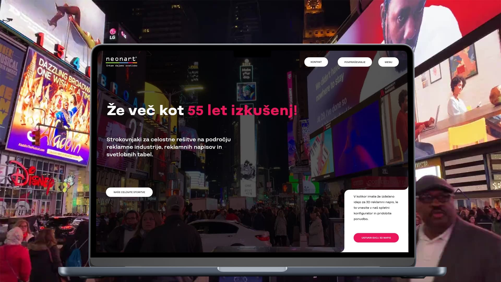 NEONART spletna stran z neonskimi napisi in temnim dizajnom