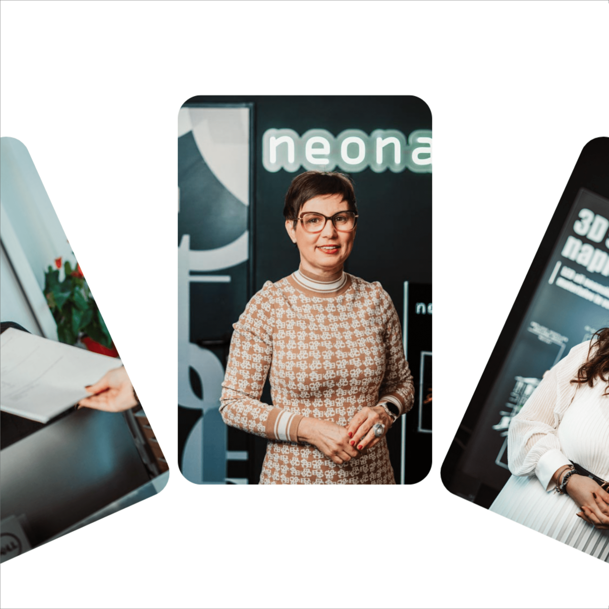 NEONART mobilna predstavitev z osebo in produktnimi slikami