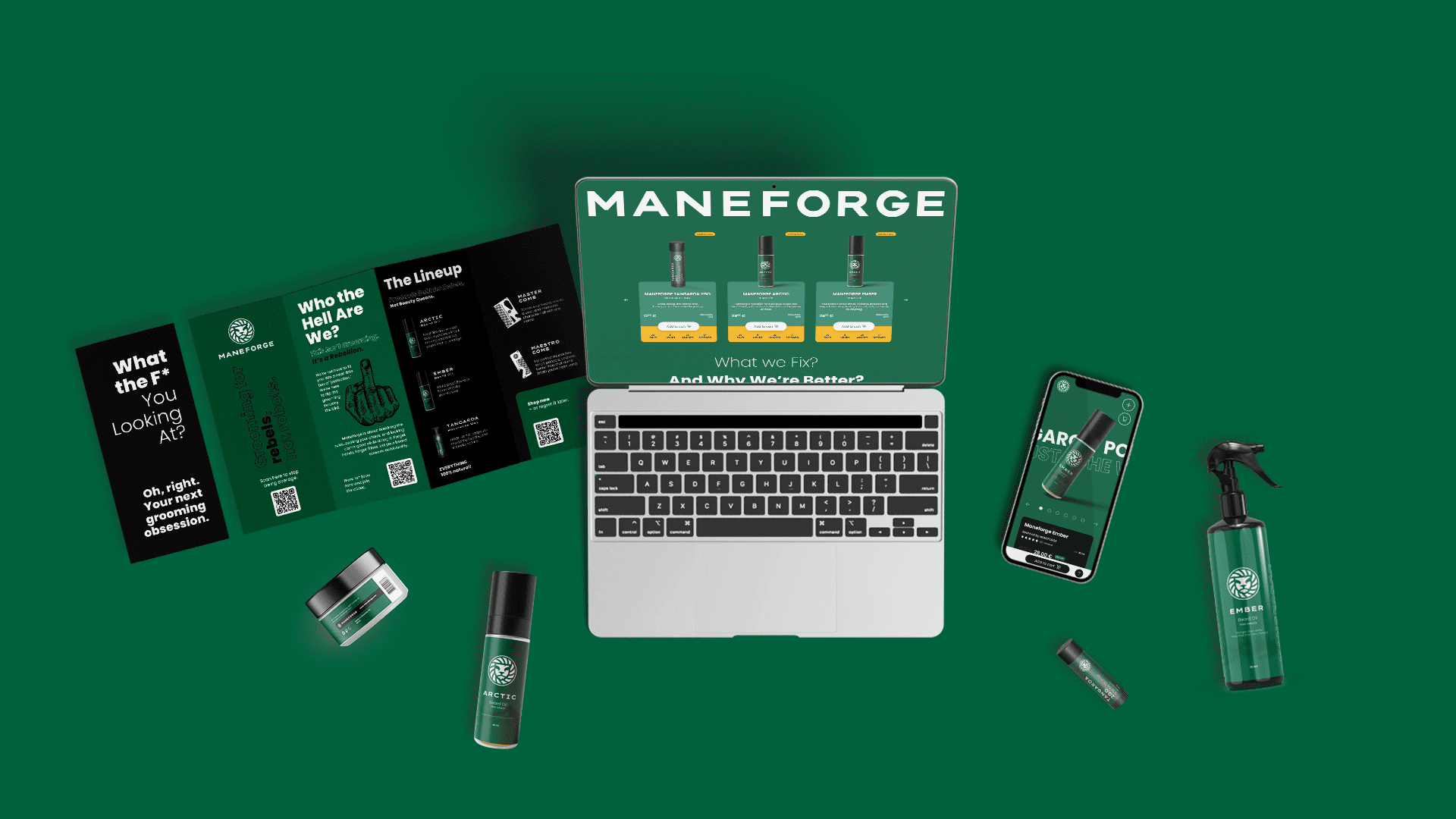 MANEFORGE spletna trgovina in produktna embalaža na zeleni podlagi